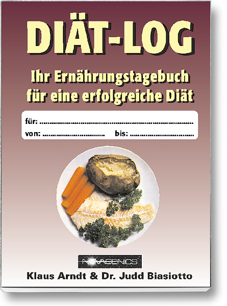 Bodybuilding Buch Cover – Diät-Log: Ernährungstagebuch für eine erfolgreiche Diät. Autoren: Arndt und Biasiotto, erschienen im Novagenics-Verlag.